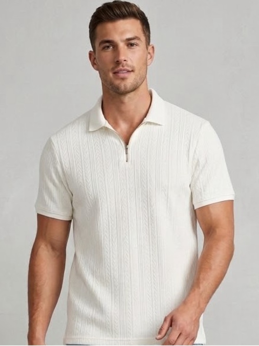 Denim & Flower Cream Short-Sleeve Knit Polo with Zip Collar